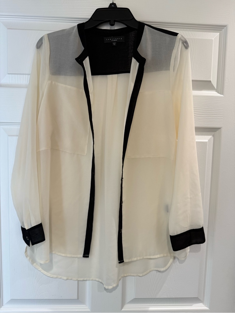 Sanctuary Size XS Sheer Blouse Cream With Black Detail  Long Sleeve Button Down
